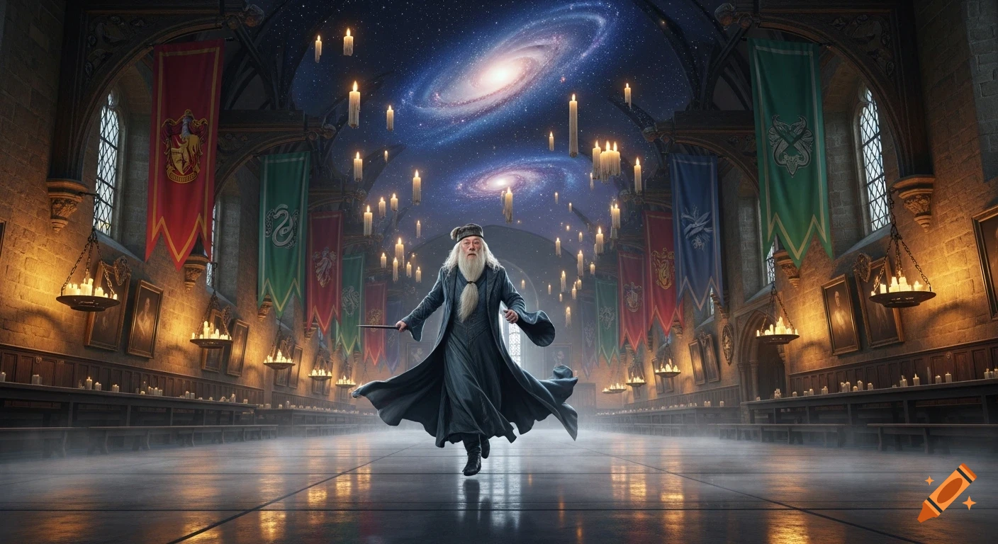 Dumbledore runs across an absurdly wide Hogwarts Great Hall with a galaxy ceiling, floating candles, and house banners.