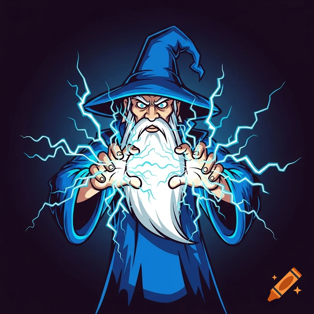Cartoon wizard in blue robes and hat casting an electrical spell with glowing hands and lightning.