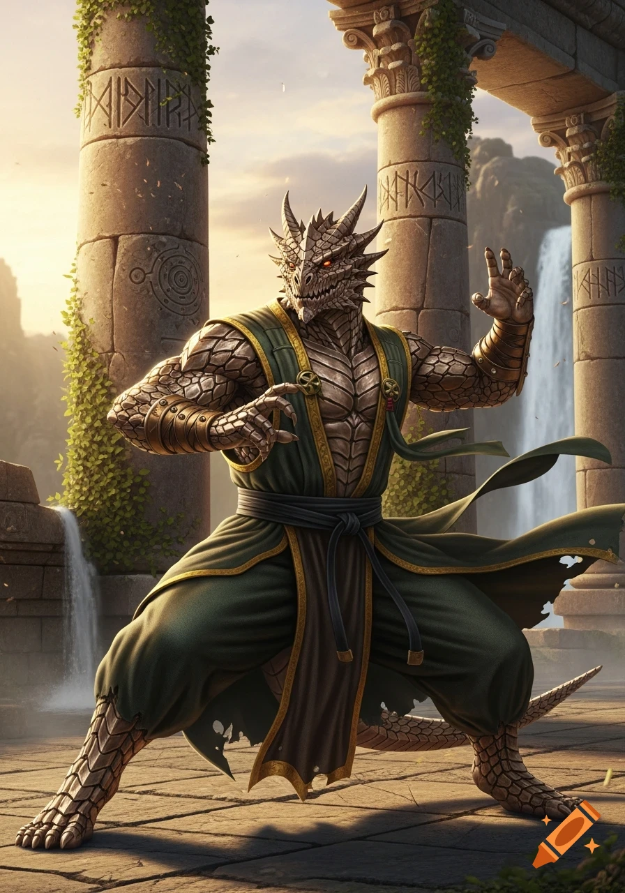 A bronze dragonborn monk in a martial arts pose, wearing green and gold robes, stands among ancient stone ruins with waterfalls in the background.