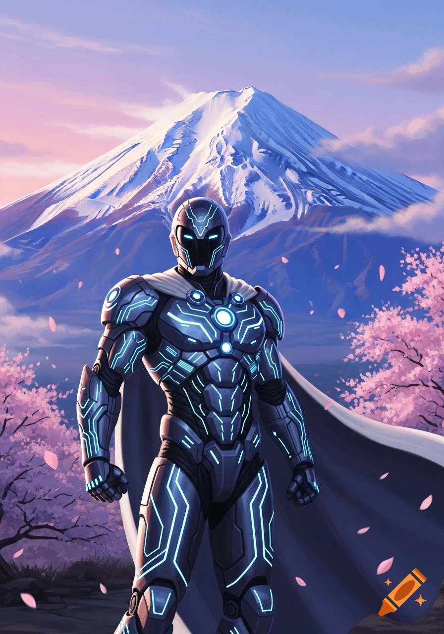 A futuristic armored superhero with glowing blue lines stands before Mount Fuji and pink cherry blossoms under a pastel sky.