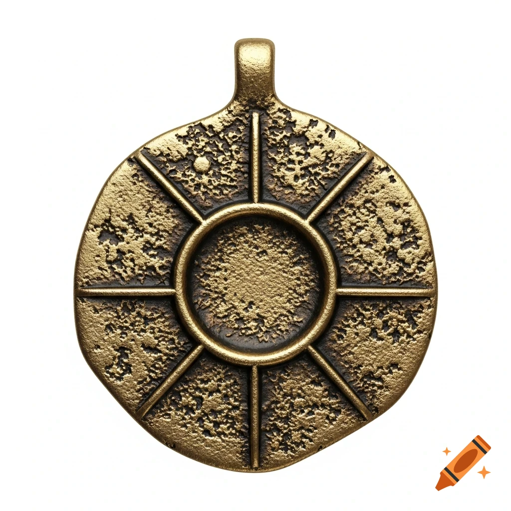 An aged bronze or gold medallion with a textured surface, a central circular indentation, and eight radiating lines.