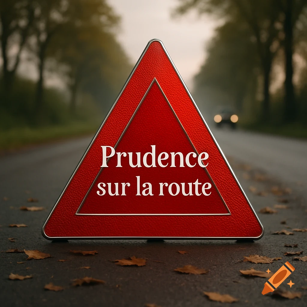 A red triangular warning sign with "Prudence sur la route" in white, placed on an asphalt road with fallen leaves, and a blurred car in the background.