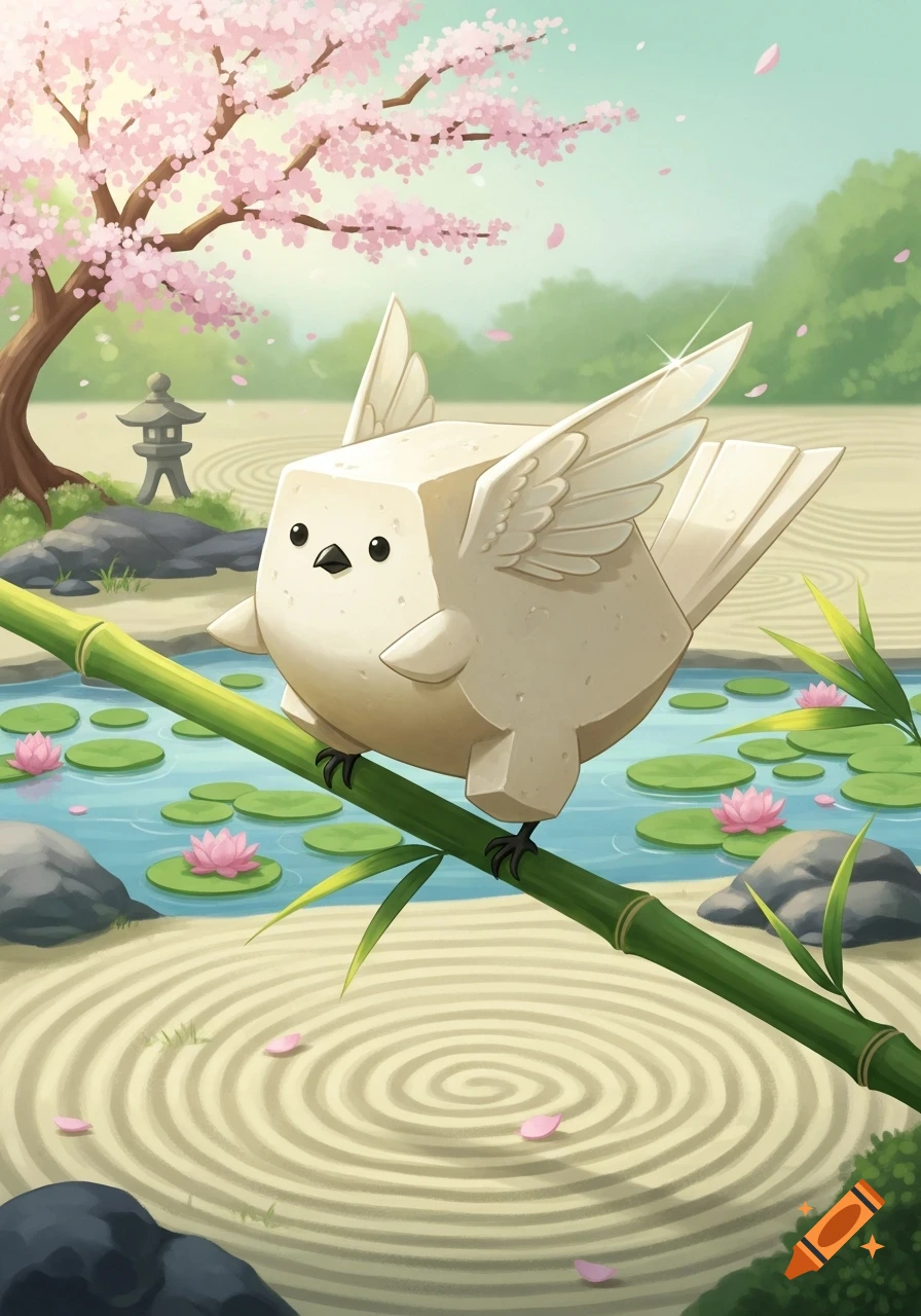 A cute, stylized tofu bird perches on a bamboo stalk in a serene Japanese garden with cherry blossoms, a pond, and raked sand.