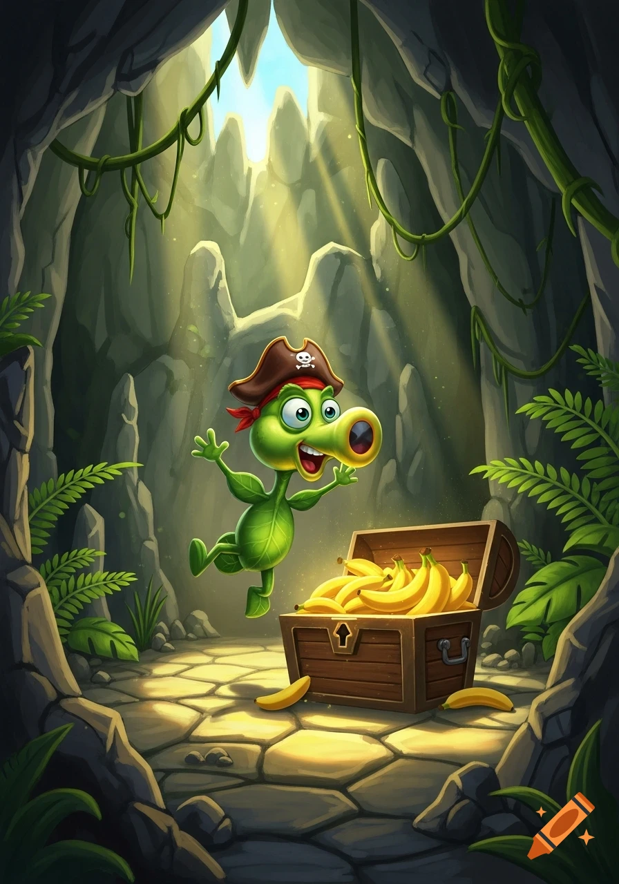 A happy, cartoon green peashooter pirate jumps next to an open treasure chest overflowing with bananas in a sunlit cave.