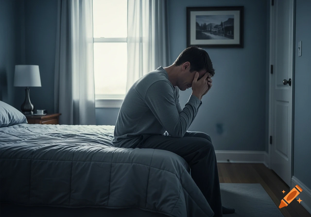 A distressed man sits on a bed in a dark bedroom, holding his head in his hands, appearing to cry.