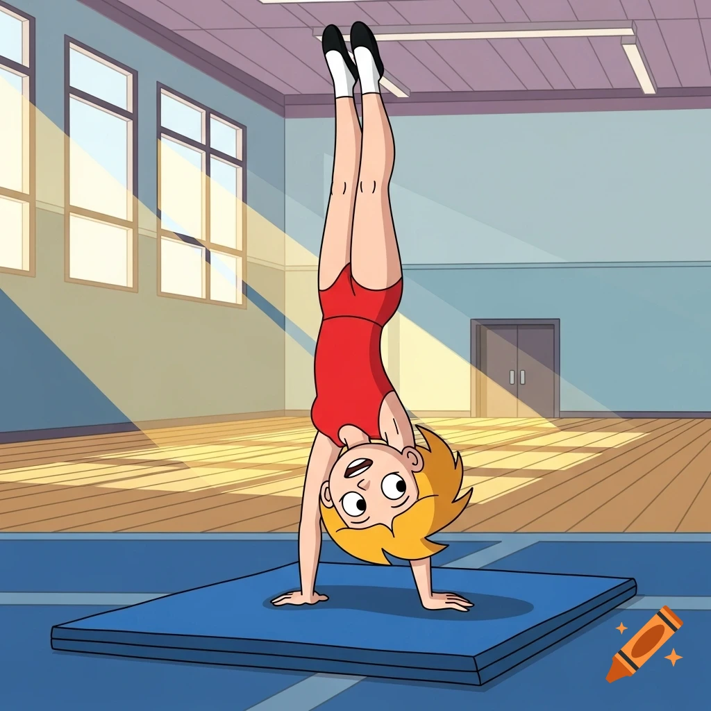 A cartoon girl in a red leotard performs a handstand on a blue mat in a gym.
