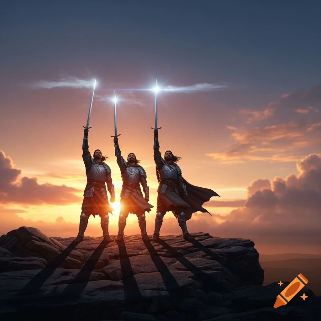 Three armored knights stand on a rocky cliff, raising their swords towards a dramatic sunset sky.
