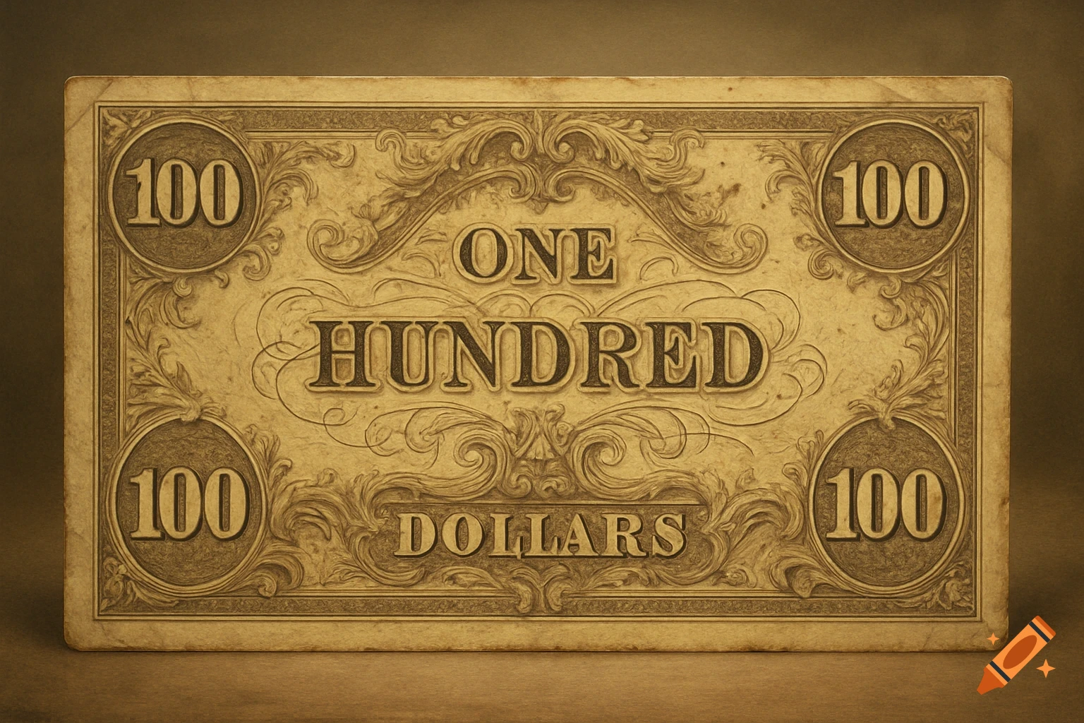 A detailed, sepia-toned image of an antique-style hundred-dollar banknote with elaborate scrollwork and bold text.