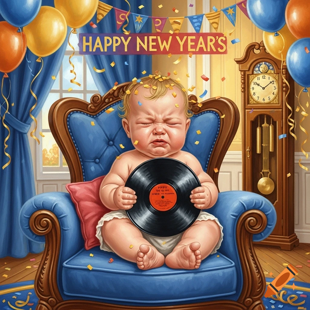 A crying baby in a diaper sits in a blue armchair, holding a vinyl record, with confetti falling around. Balloons, a banner reading "HAPPY NEW YEAR'S", and a grandfather clock decorate the festive room in a cartoon style.