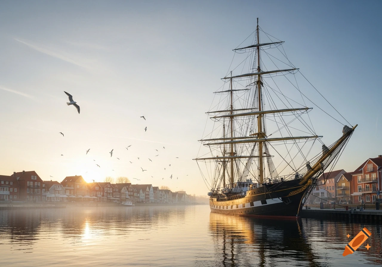 A grand sailing ship docked in a calm harbor at sunrise, with houses lining the shore and birds flying in the misty sky.