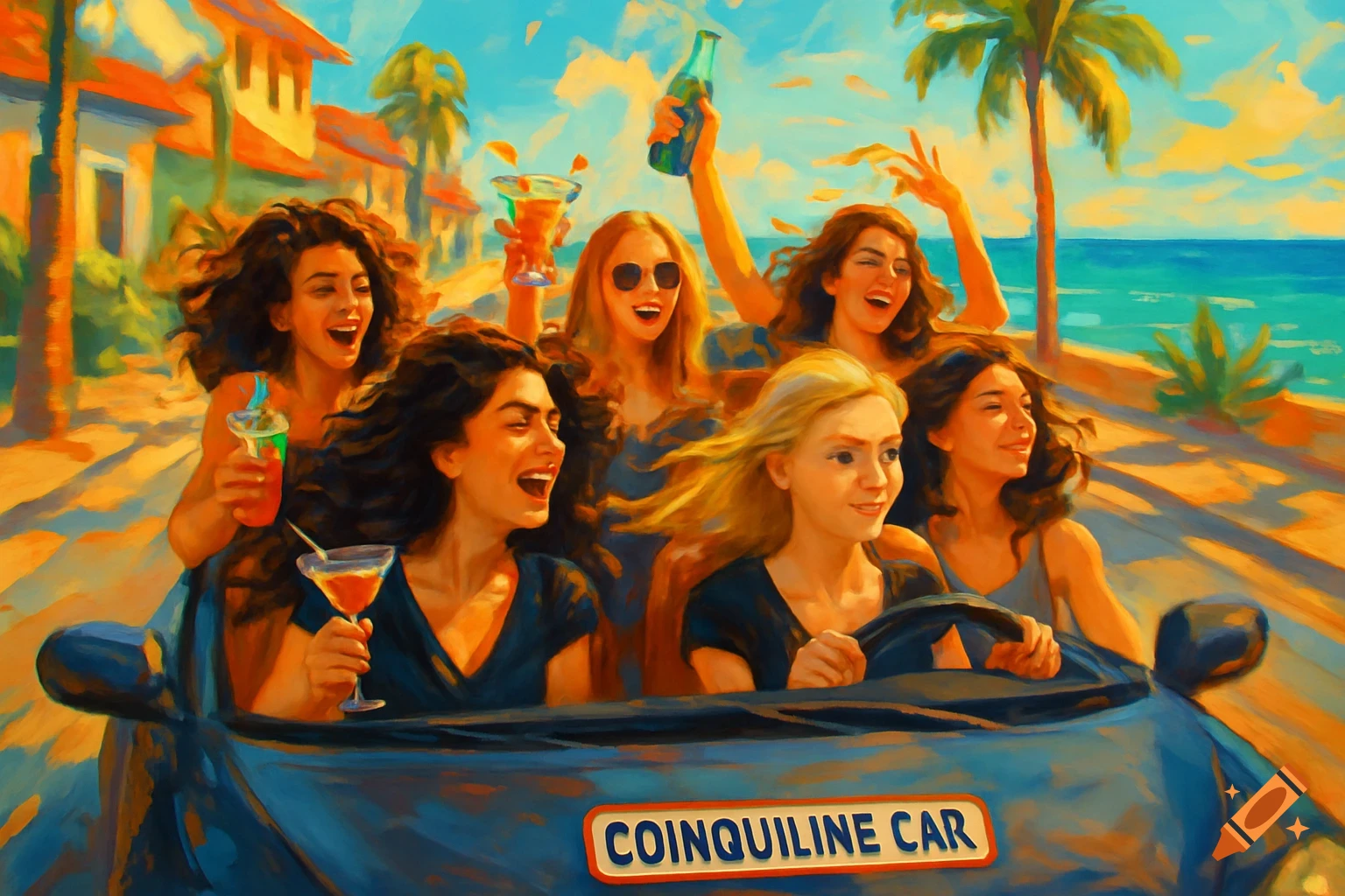 Six cheerful women in a blue convertible on a sunny coastal road, holding cocktails and a bottle, in a vibrant painterly style.