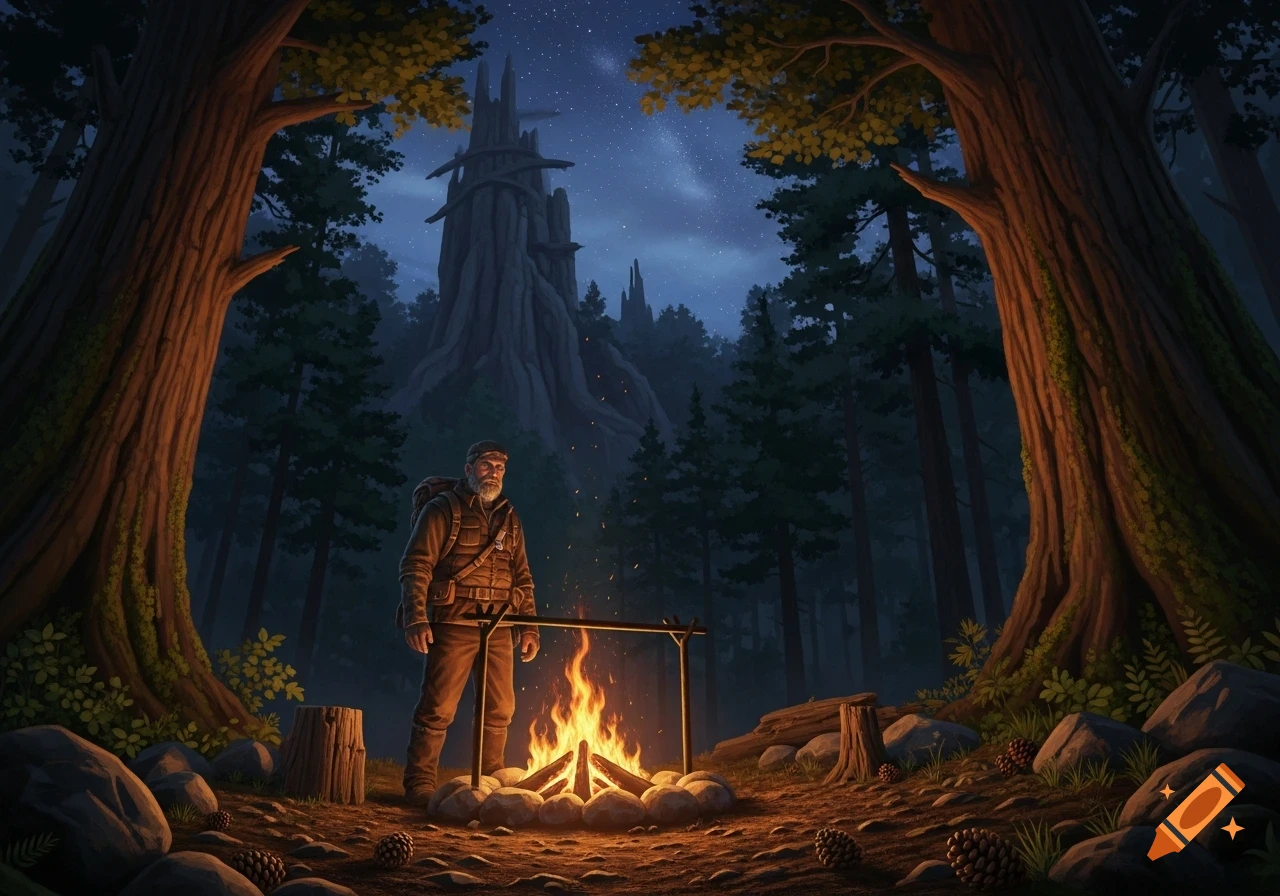 A bearded man stands by a crackling campfire in a dark forest at night, beneath a starry sky and a towering, gnarled tree-like structure.