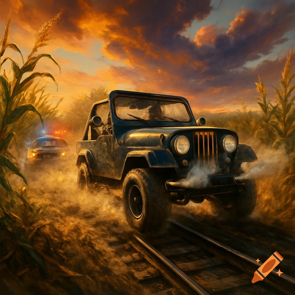 A blue jeep kicks up dust driving on railroad tracks through cornfields at sunset, pursued by a police car.