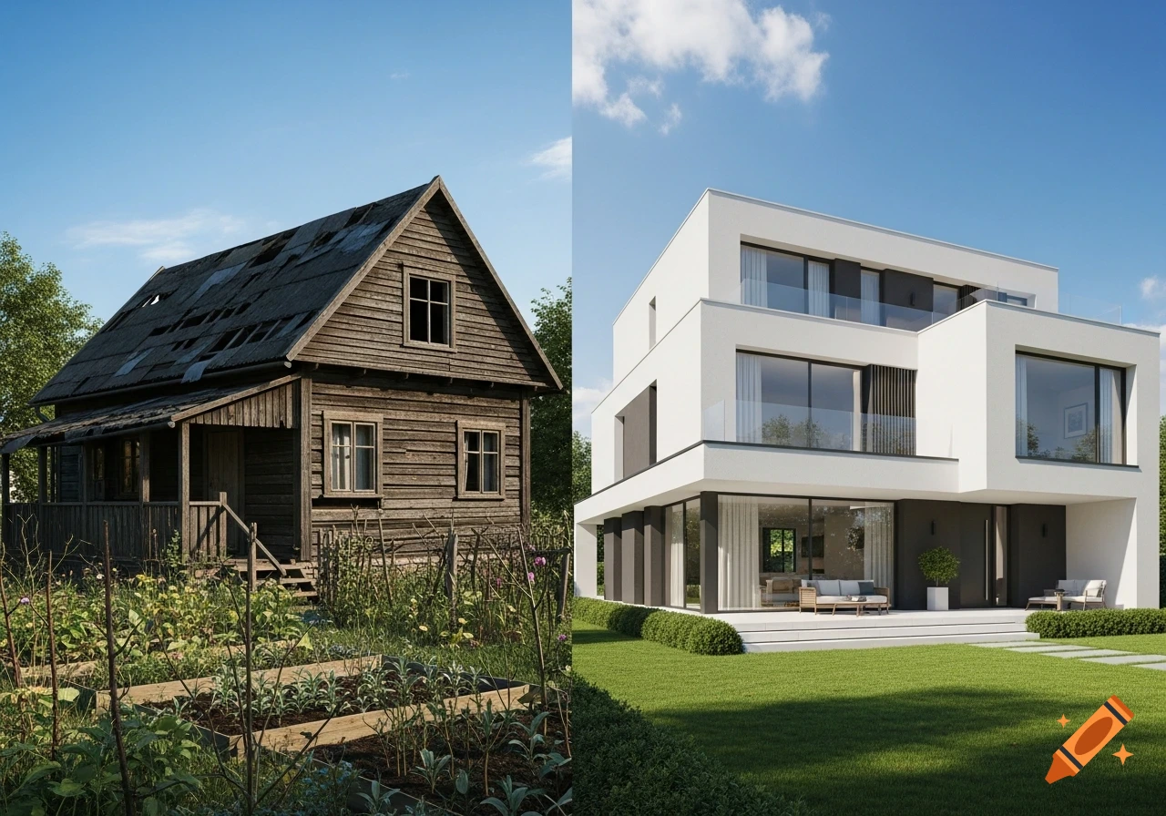 Split image showing a dilapidated wooden cabin with an overgrown garden on the left, and a modern white villa with a manicured lawn on the right, under a clear blue sky.