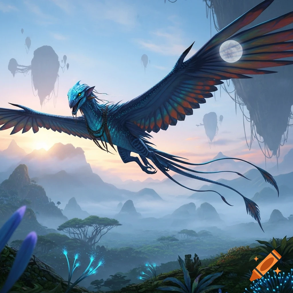 A blue winged Ikran-like creature soars over a vibrant alien landscape with floating mountains and glowing plants at sunset, digital art.