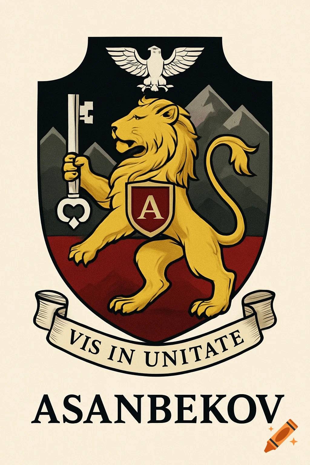 A classic heraldic coat of arms featuring a rampant gold lion holding a silver key, with a small 'A' on its chest. An eagle is above the shield, which has mountains. A ribbon below reads 'VIS IN UNITATE', and 'ASANBEKOV' is below the ribbon.