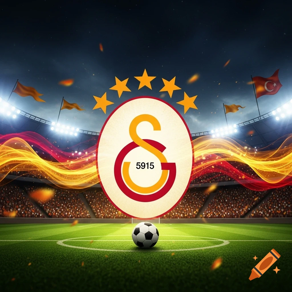 A Galatasaray logo with stars above it and the number 5915, centered over a soccer ball on a green pitch inside a brightly lit football stadium filled with fans.