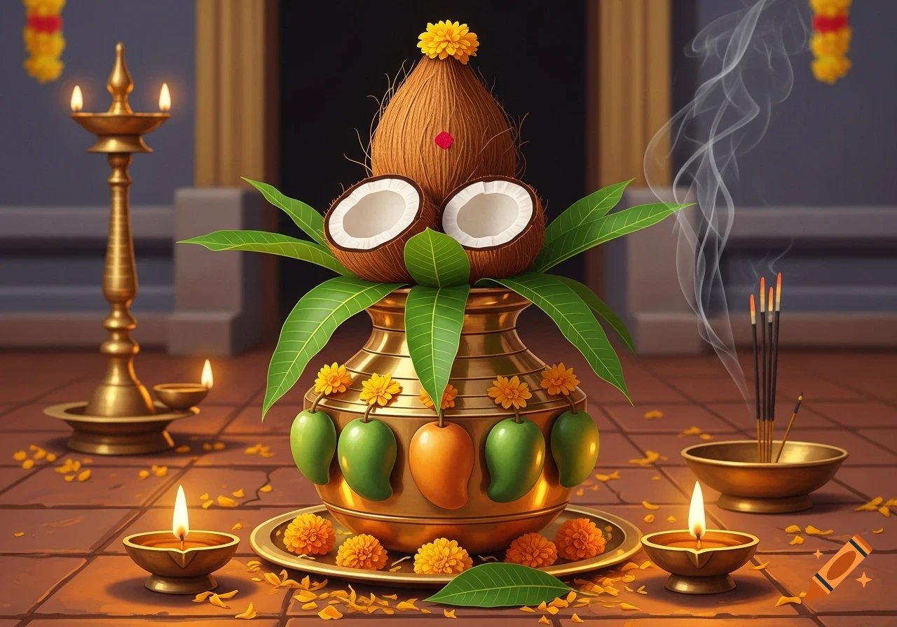 A golden South Indian Kalasha adorned with coconuts, mango leaves, and mangoes, surrounded by lit oil lamps and smoking incense.