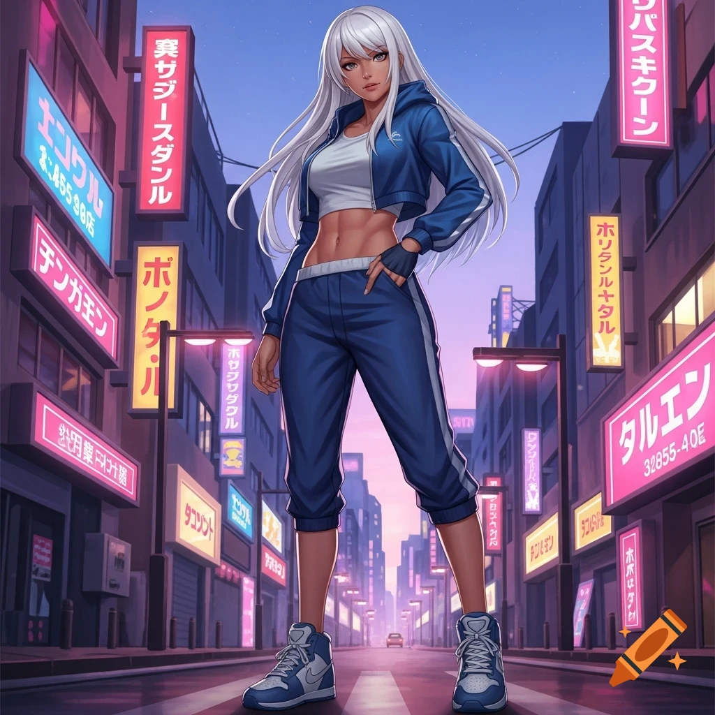 Anime-style woman with white hair and toned abs in a blue tracksuit stands on a neon-lit city street.