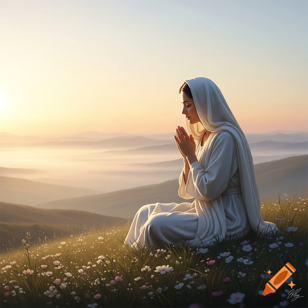 Woman in white robes praying on a grassy hillside covered in wildflowers, overlooking misty mountains at sunrise.