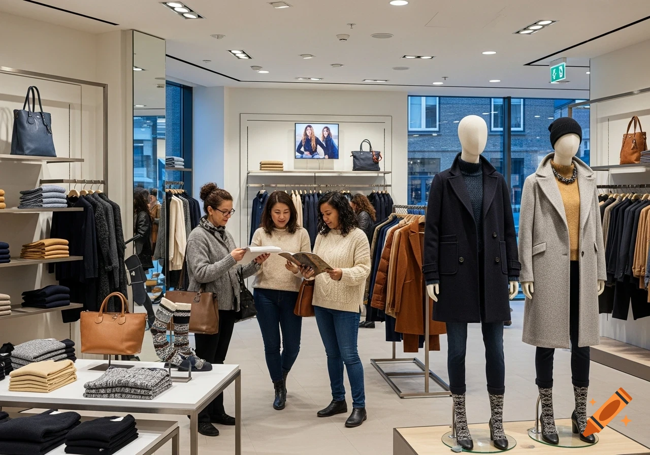 Three women browse items in a well-lit clothing store with mannequins displaying winter fashion.