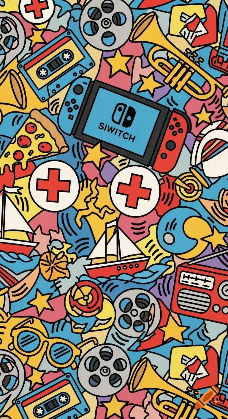 Colorful Keith Haring style pattern with jumbled icons including a Nintendo Switch, pizza, cassette tape, trumpet, ship, radio, and film reels.