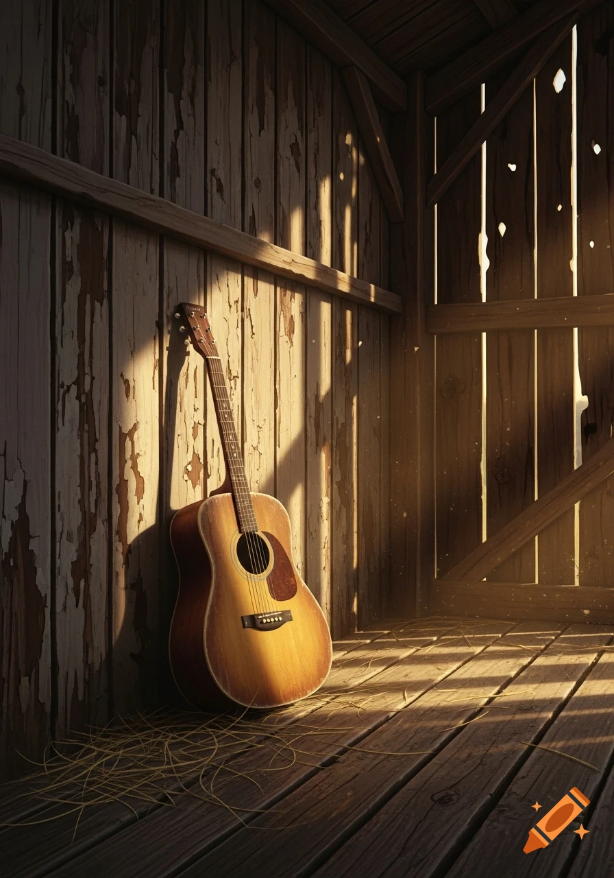 An acoustic guitar leans against a weathered wooden wall inside a rustic barn, illuminated by warm sunlight streaming through cracks.