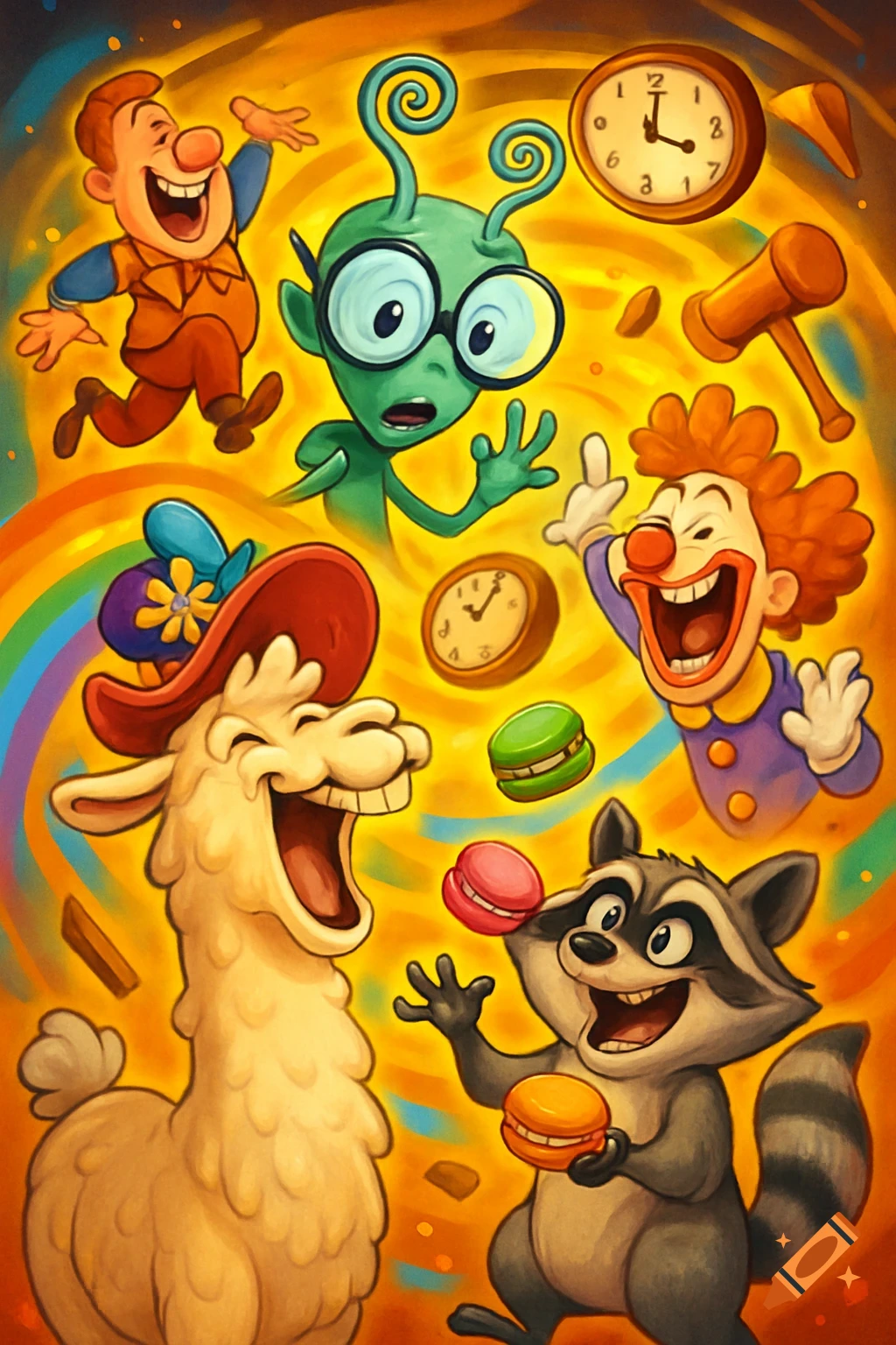 Vibrant cartoon illustration with a happy man, alien, clown, llama, and raccoon surrounded by macarons and clocks on a yellow swirly background.