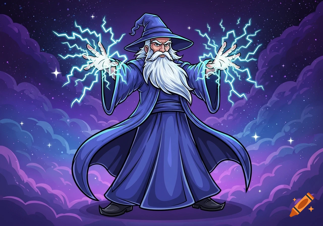 A cartoon wizard with a long white beard and a blue robe, casting an electricity spell with lightning bolts emanating from his hands, against a starry, cloud-filled night sky.