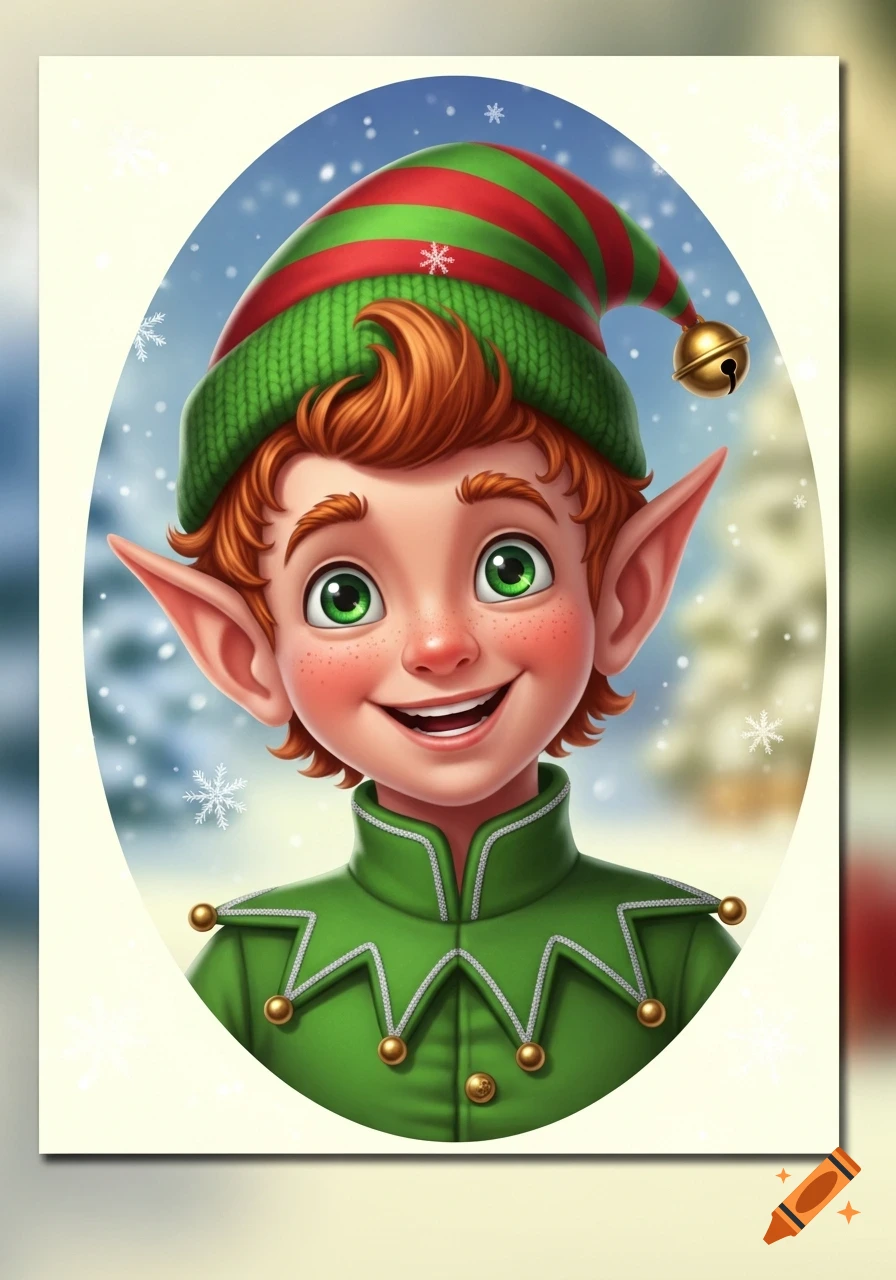 A cheerful, red-haired Christmas elf with green eyes smiles in a cartoon portrait against a snowy, blurred background.