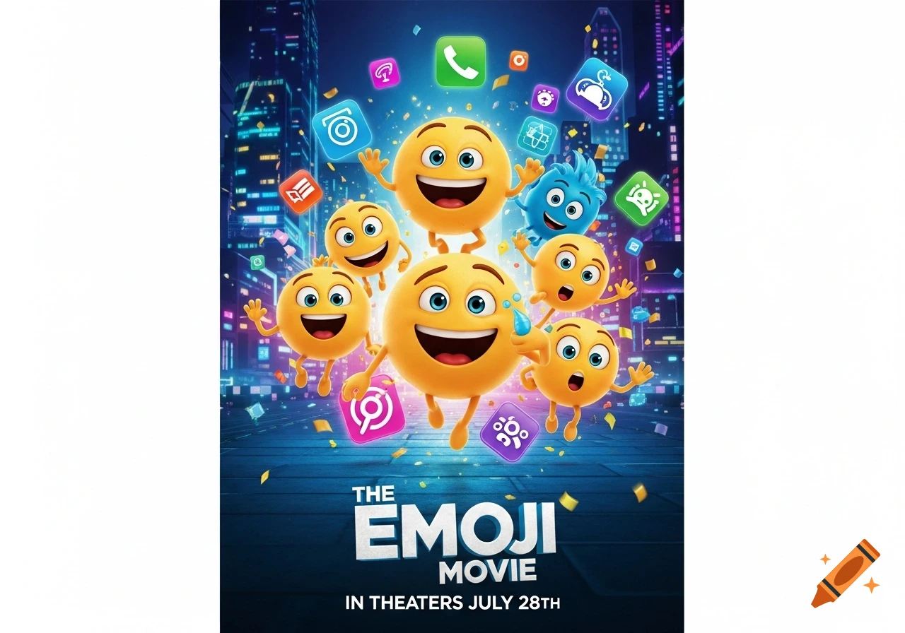 Colorful movie poster for The Emoji Movie showing many happy emojis floating over a bright city skyline with falling confetti.