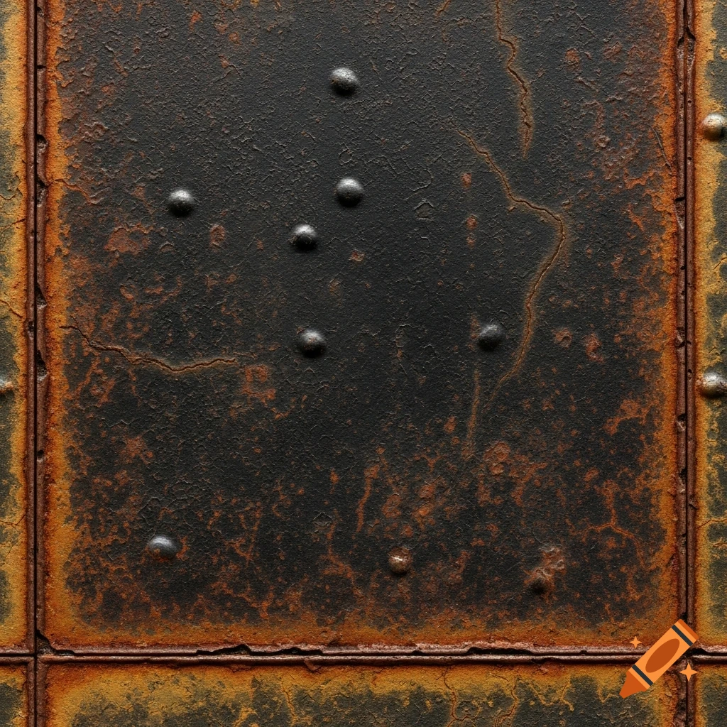 Close-up of a damaged, rusty black metal texture with rivets and peeling paint, creating an aged, industrial look.