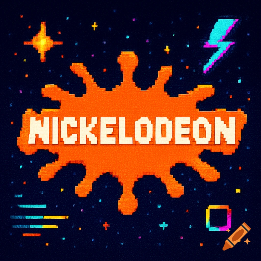 A pixel art Nickelodeon logo, featuring an orange splatter with white text, on a dark blue background with colorful pixel stars and shapes.