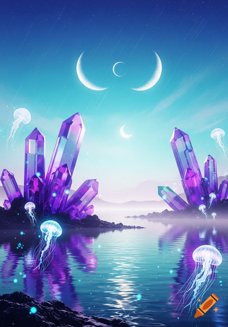 Vibrant fantasy landscape with large purple crystals, glowing jellyfish, and multiple crescent moons reflecting in tranquil turquoise water.