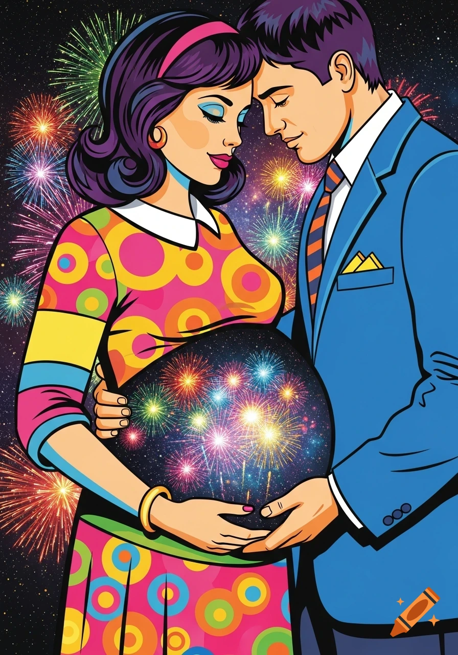 A pop art illustration of a loving couple, with the pregnant woman's belly depicted as a night sky filled with colorful fireworks.