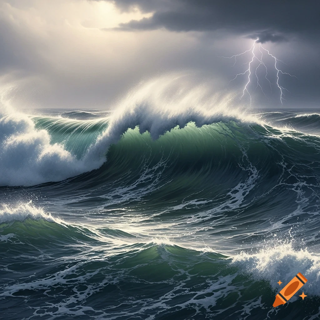 Photorealistic stormy ocean scene with massive green waves crashing, lit by dramatic lightning against dark clouds.