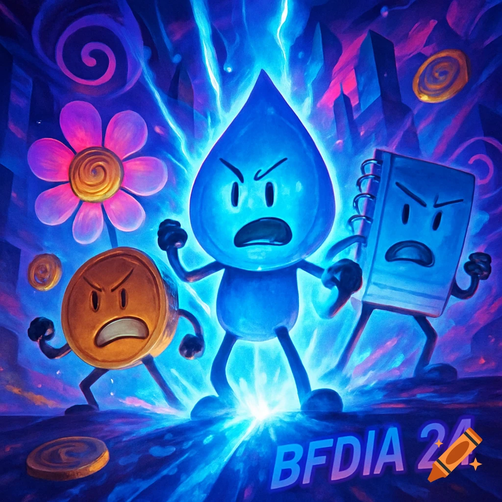 Angry anthropomorphic blue teardrop, golden coin, and gray notebook glow with blue energy against a dark cityscape, with 'BFDIA 24'.