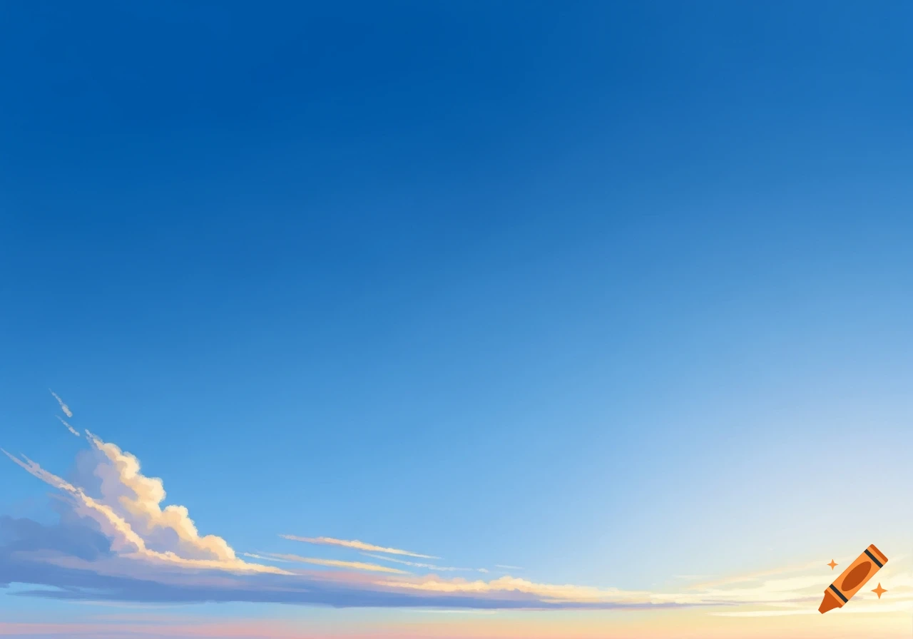 Clear blue sky with fluffy white and wispy clouds, showing a hint of warm sunset colors near the horizon in an illustration style.