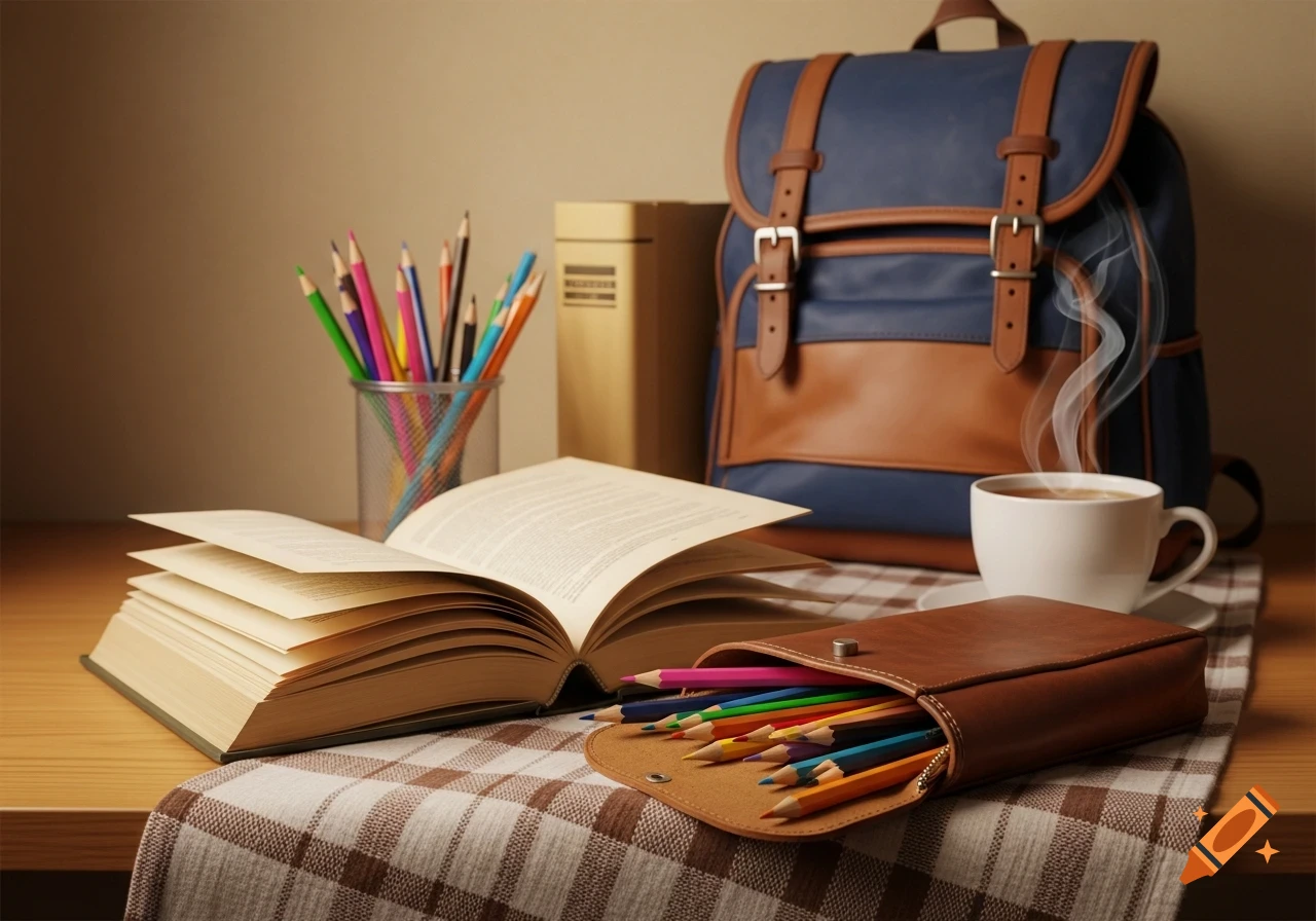 A still life features an open book, colorful pencils, a steaming coffee mug, and a blue and brown backpack on a checkered cloth.