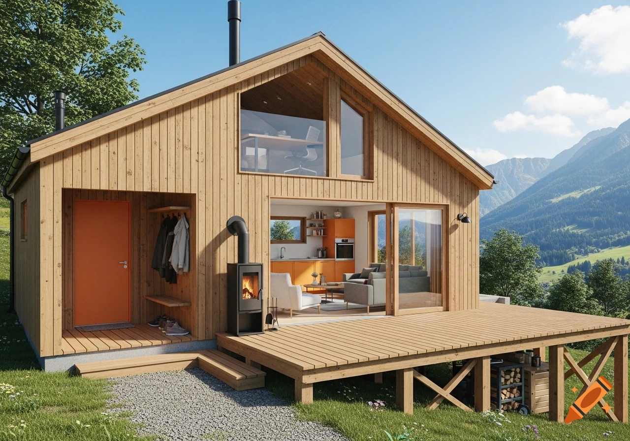 Photorealistic image of a modern wooden cabin with a large deck overlooking green mountains under a clear blue sky.