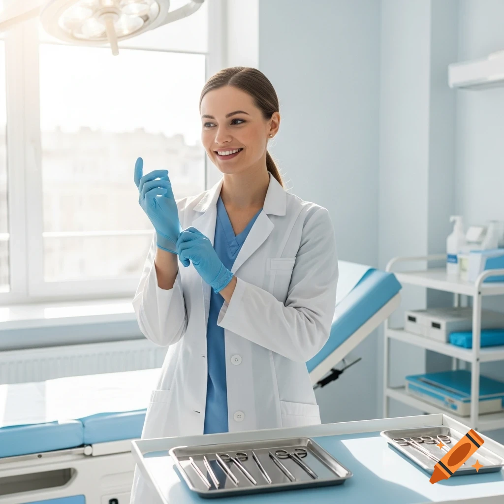 A smiling female doctor in a white lab coat puts on blue sterile gloves in a bright medical examination room.
