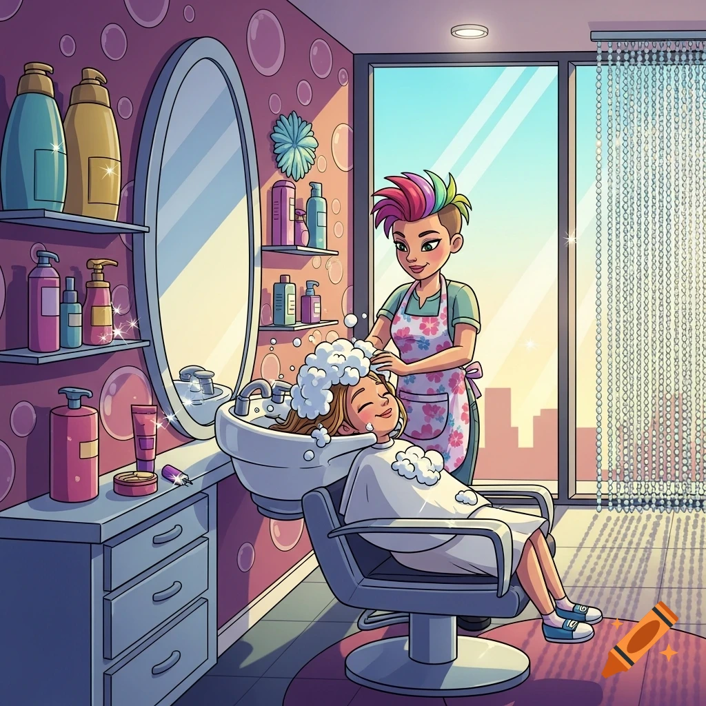 Cartoon of a girl smiling as a hairdresser washes her hair at a brightly lit salon with large windows.