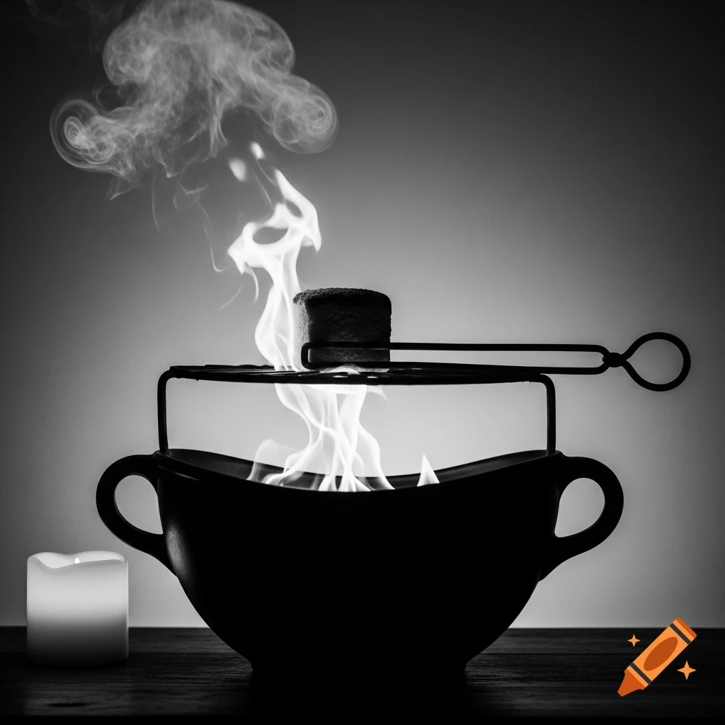 Black and white silhouette of a Feuerzangenbowle with a flaming sugar cone over a large bowl, casting smoke upwards, next to a lit candle.