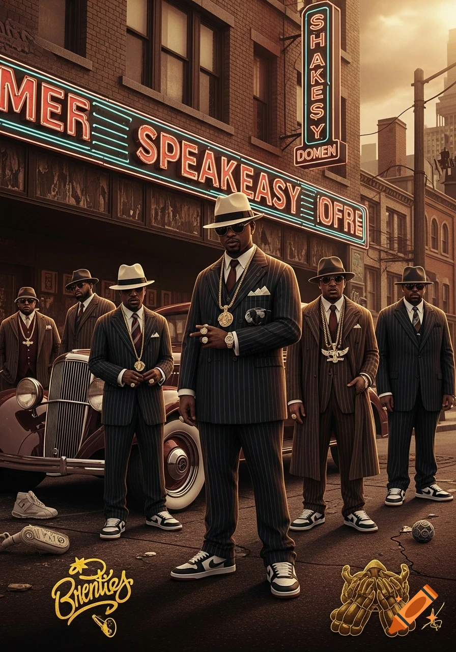 A group of men in pinstripe suits, hats, and modern sneakers stand in front of a vintage car and a 'Speakeasy' neon sign on a city street.