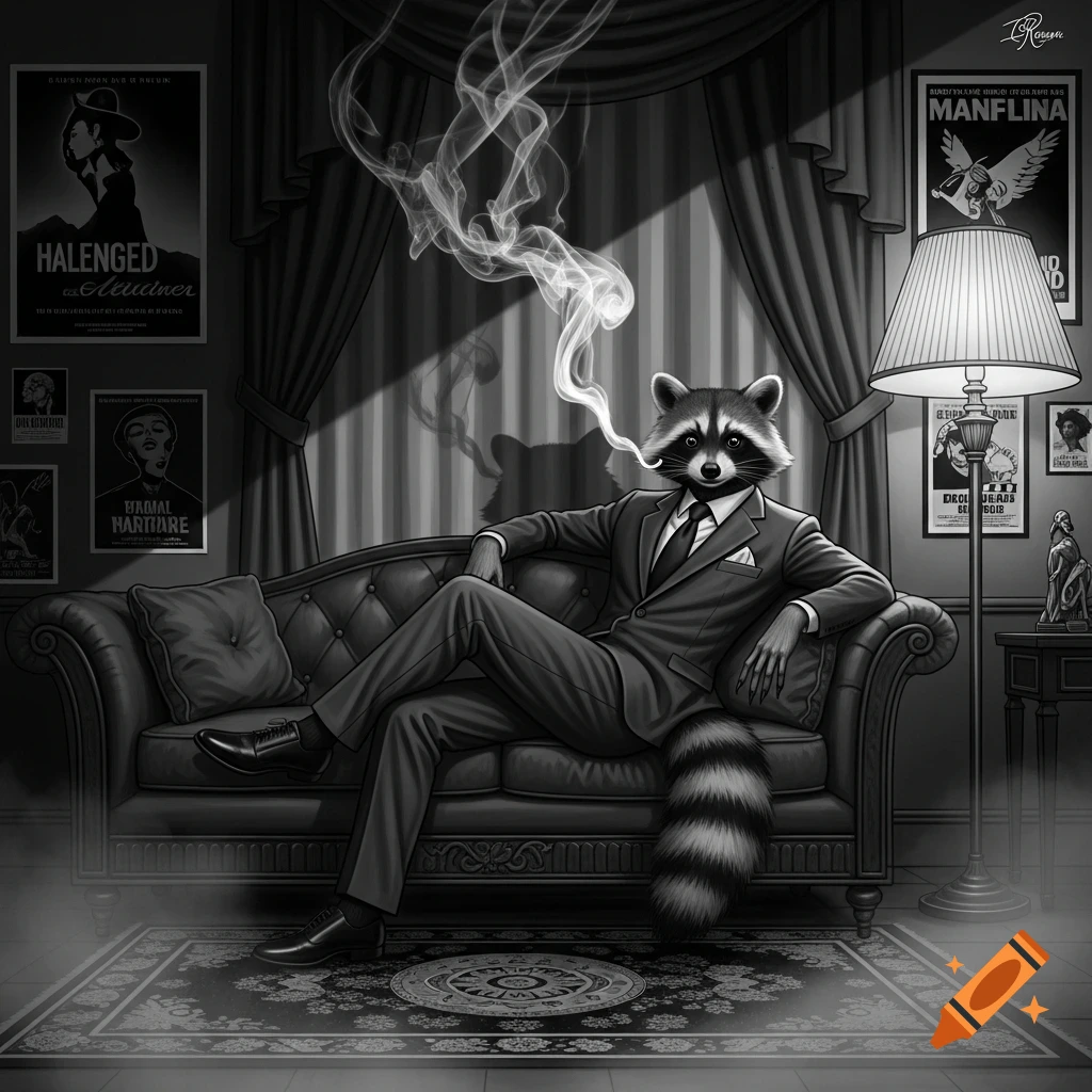 A dapper raccoon in a suit smokes a pipe while lounging on a leather sofa in a dimly lit, noir-style room with posters on the wall.