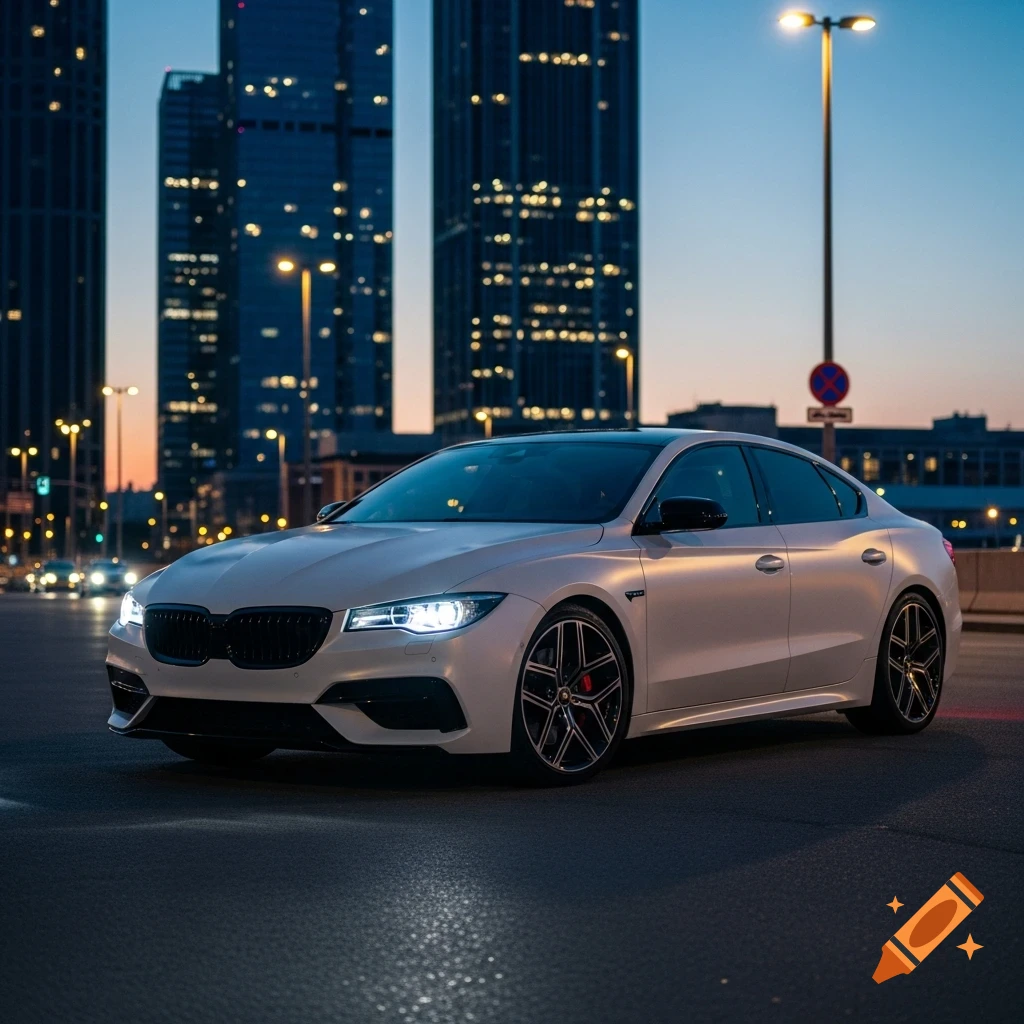 White luxury sedan parked on a city street at dusk with illuminated skyscrapers.