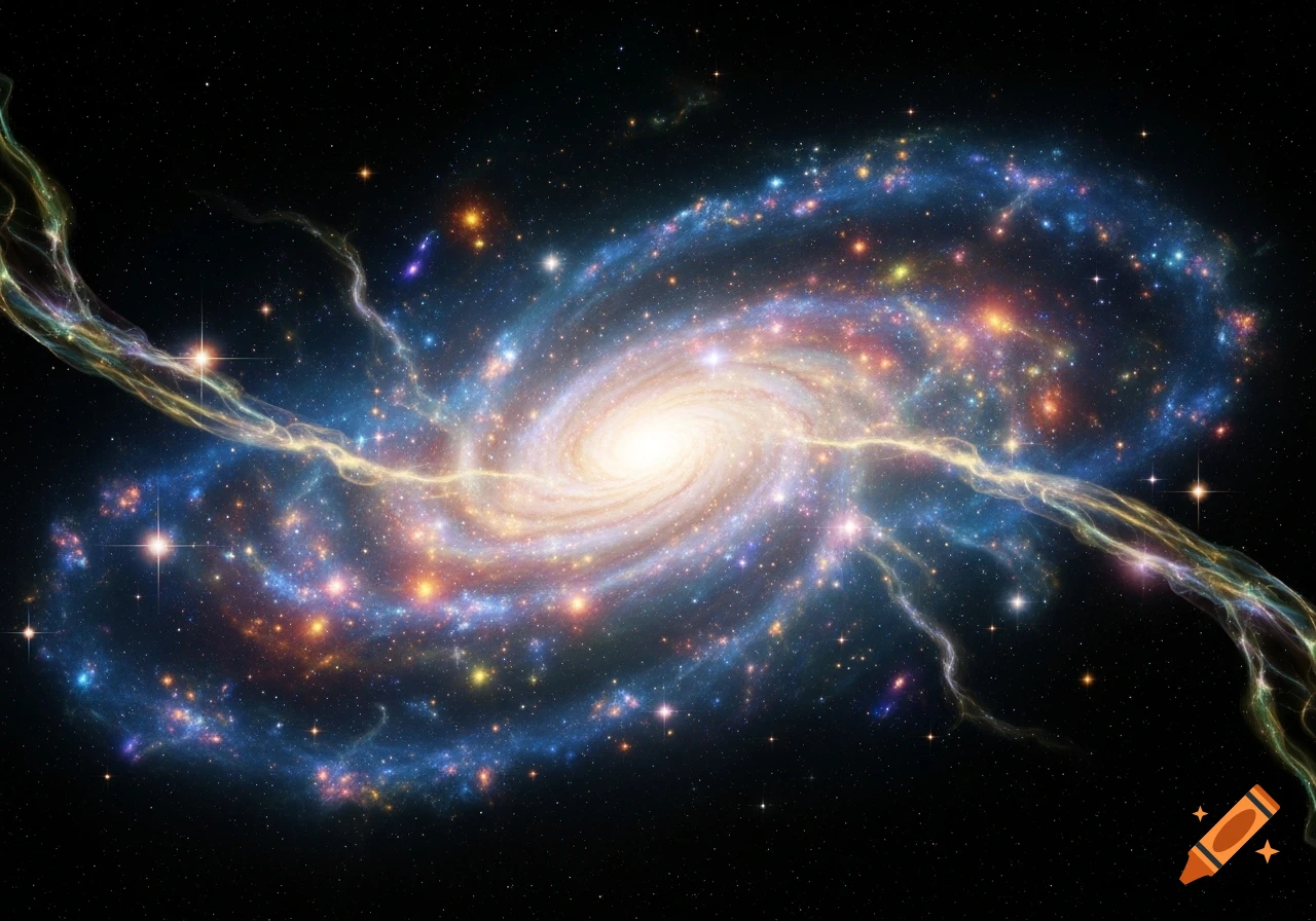 A vibrant spiral galaxy with luminous arms and glowing gas streams, set against a dark, star-filled cosmic background.
