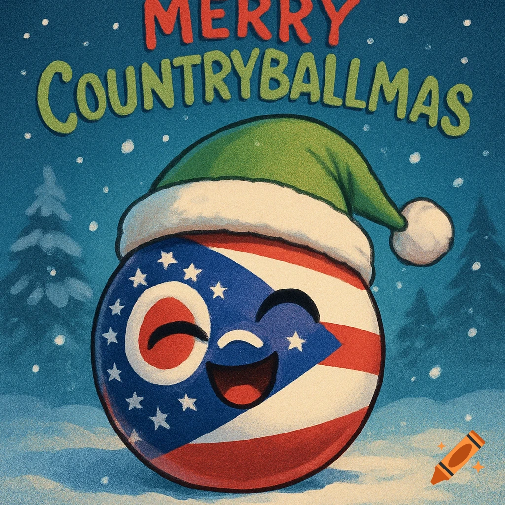 A smiling Ohio countryball with a Santa hat in a snowy scene, with text 'Merry Countryballmas'.