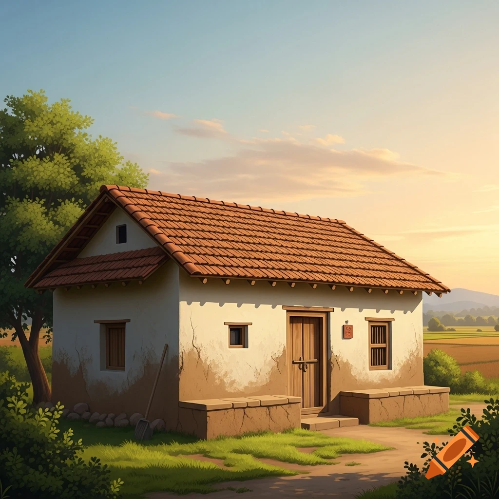 A traditional mud brick house with a tiled roof in a sunny rural landscape.
