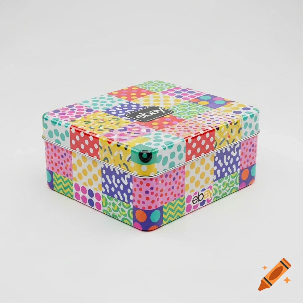 Colorful patterned square tin box with 'ebay' logo on the lid and side, on a white background.